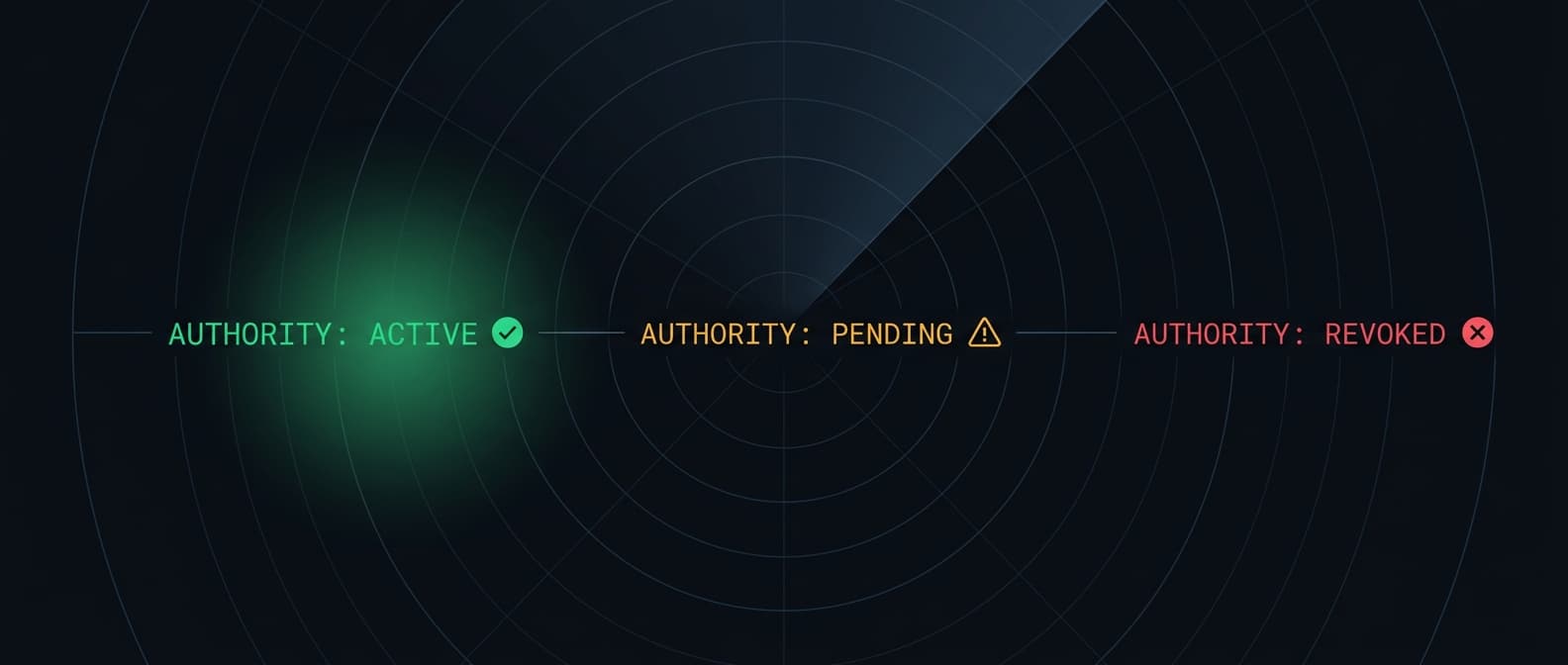 Radar band showing operating authority moving from ACTIVE to PENDING to REVOKED
