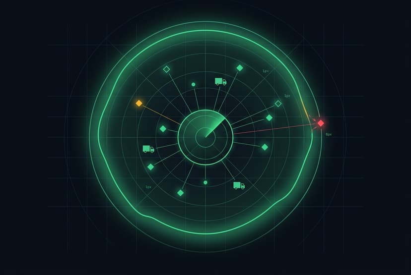 Radar perimeter ringing a watchlist of monitored carriers, one flagged in red